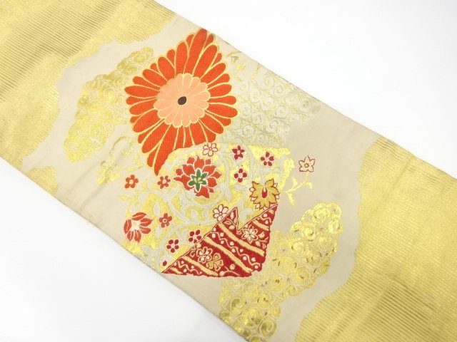 アンティーク　花菱・花唐草模様織り出し名古屋帯（着用可）