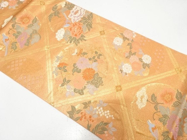 本金箔　格天井に花鳥模様織り出し　袋帯