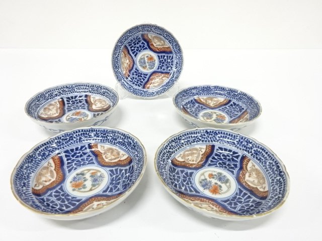 古伊万里　染付色絵　五寸深皿　5客