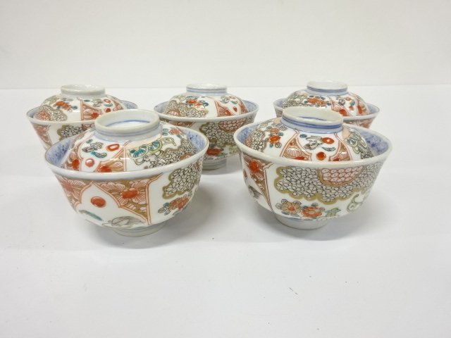 古伊万里　染付　金彩色絵　蓋茶碗　5客