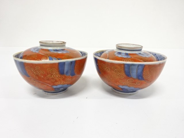 古伊万里　染付赤絵　金彩　蓋茶碗　2客