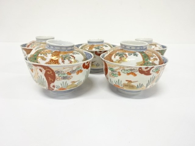 古伊万里　染付色絵　蓋茶碗　5客