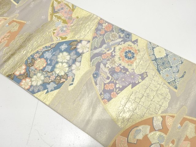 アンティーク　地紙に鶴・宝尽くし・草花模様織り出し袋帯（材料）