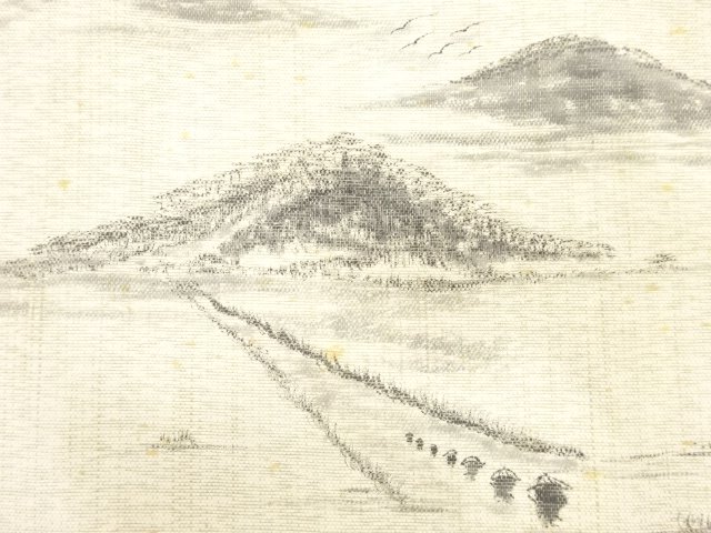 アンティーク　作家物　手描き　田舎風景模様袋帯（材料）