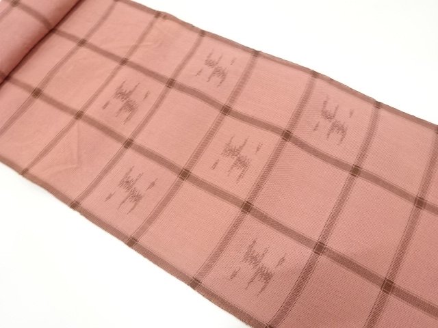 アンティーク　紗　格子に絣柄織り出し　名古屋帯地反物