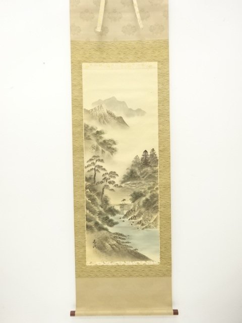 春渓筆　淡彩山水　肉筆絹本掛軸