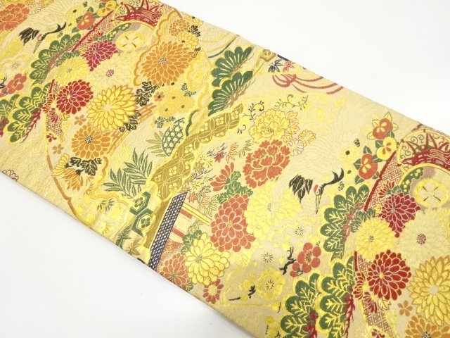 JAPANESE KIMONO / ANTIQUE MARU OBI (WEARABLE) / WOVEN MANSION LANDSCAP