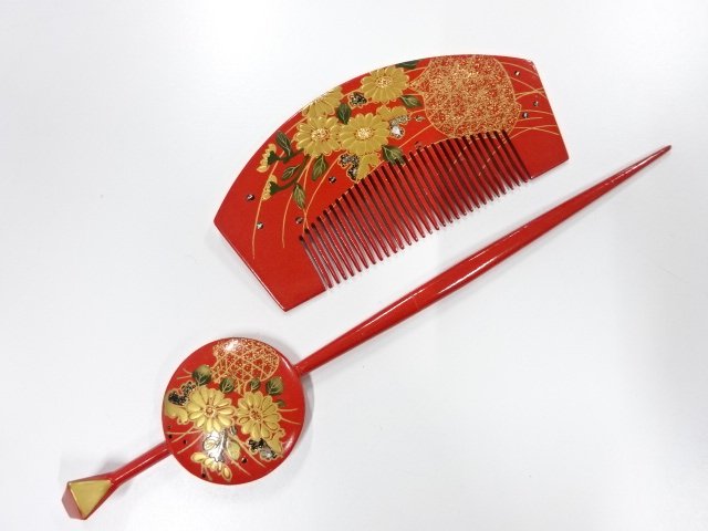 JAPANESE KIMONO / ANTIQUE LACQUERED MAKI-E COMB / SET