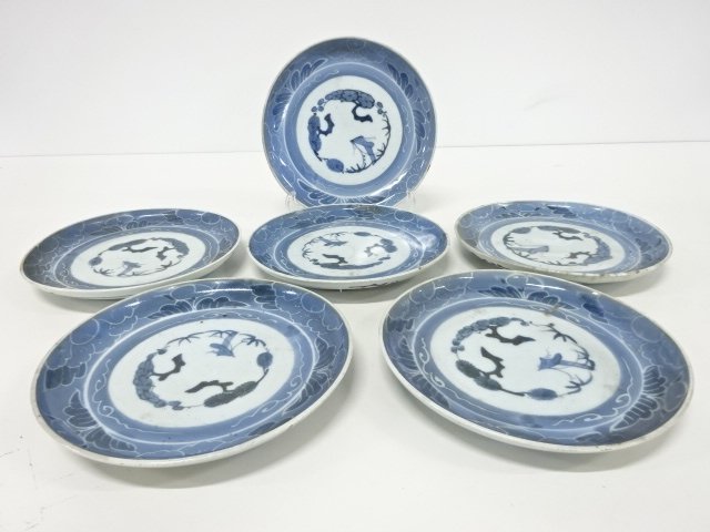 古伊万里　染付　墨弾き　七寸皿　6客