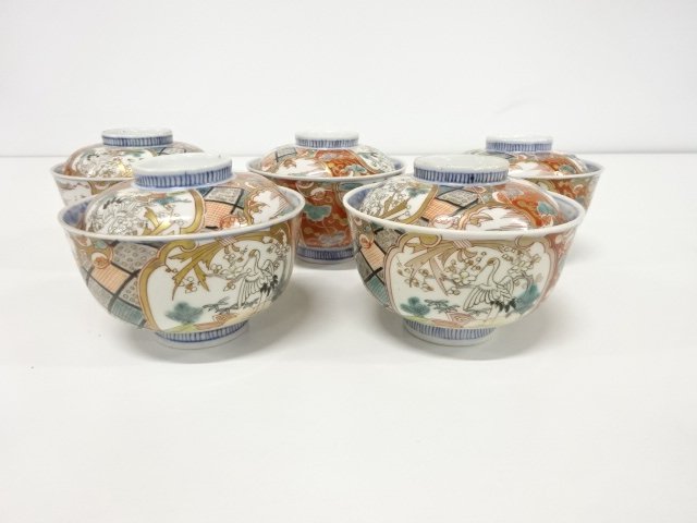 古伊万里　金彩　色絵　蓋物碗　5客