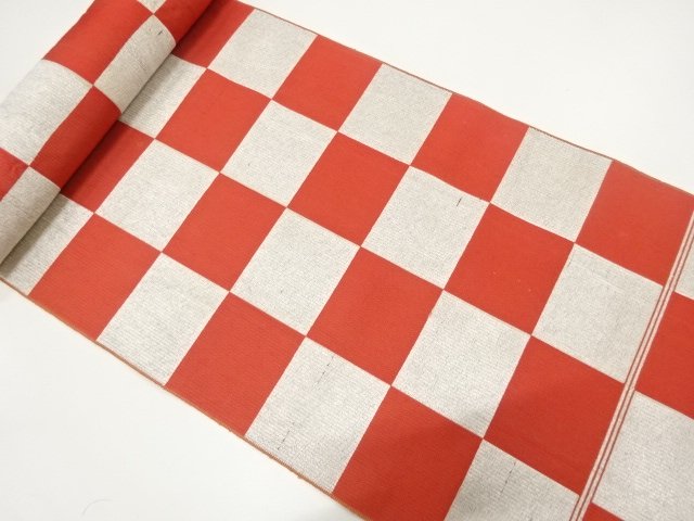 JAPANESE KIMONO / ANTIQUE CHECKERED WOVEN EIGHT-SIDED OBI BOLT