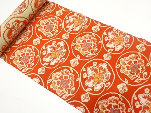 JAPANESE KIMONO / ANTIQUE FLOWER CIRCLE PATTERN WOVEN EIGHT-SIDED OBI 