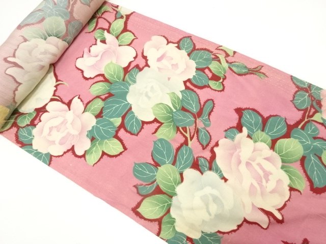 アンティーク　錦紗　薔薇模様　着物洗い張り