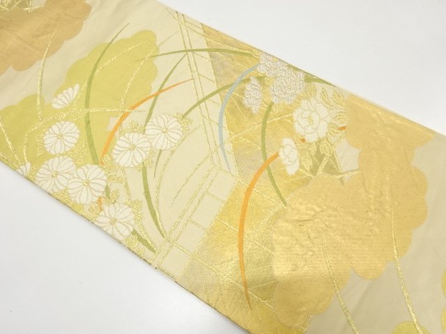 アンティーク　垣根に菊・牡丹模様織り出し袋帯（材料）