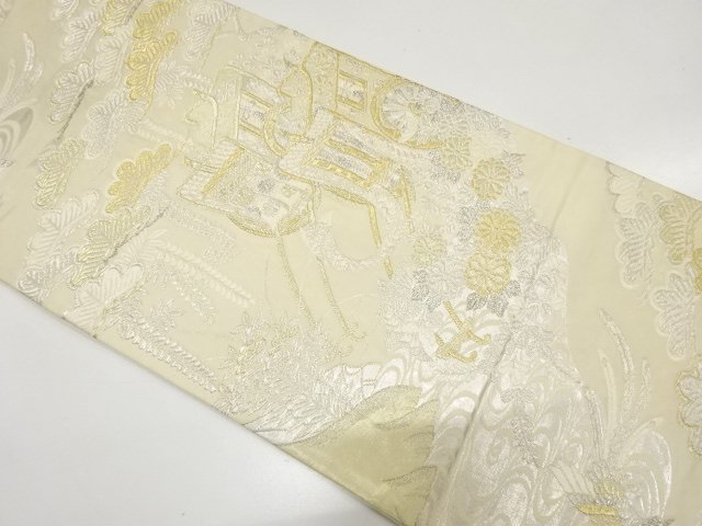アンティーク　御所車に松藤・菊模様織り出し全通袋帯（材料）