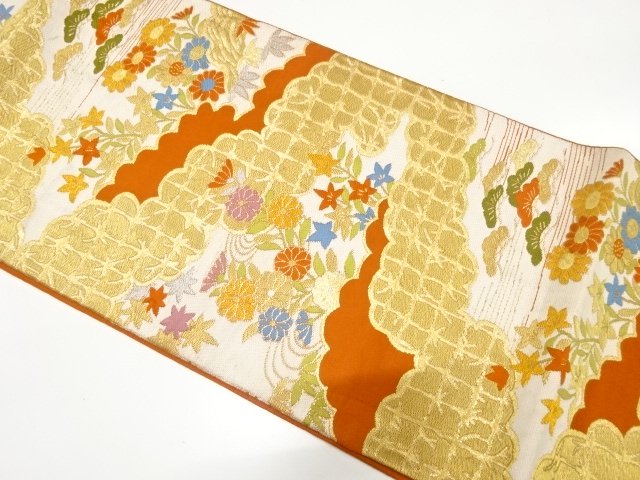アンティーク　雲取りに流水・草花模様織り出し袋帯（材料）