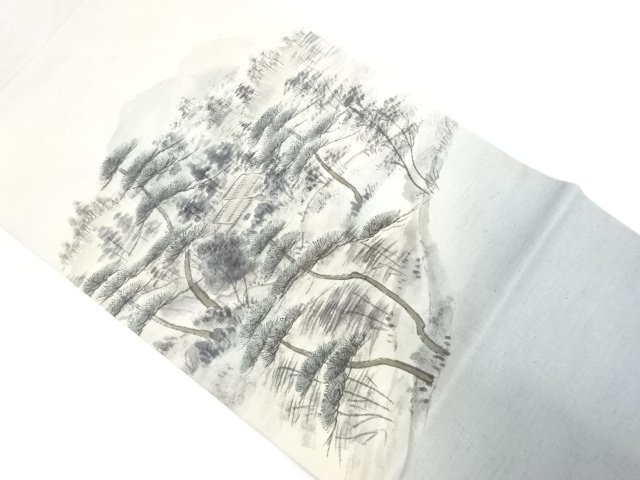 アンティーク　手織り紬　手描き　田舎風景模様名古屋帯