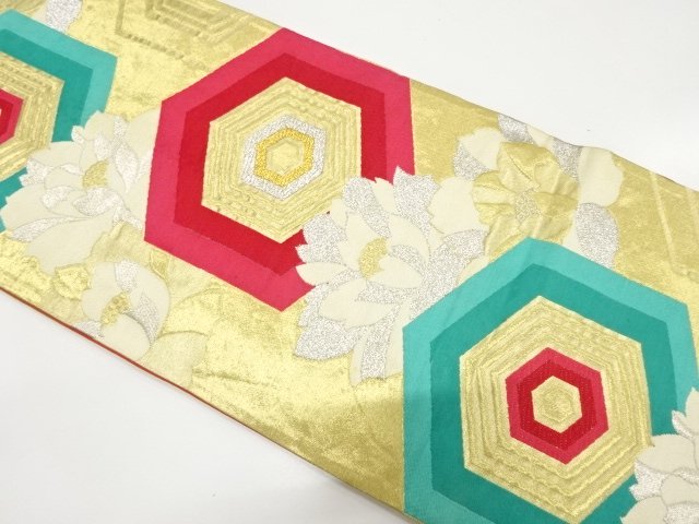 アンティーク　重ね亀甲に花模様織り出し袋帯（着用可）