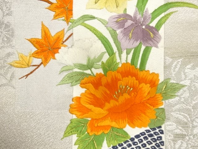 JAPANESE KIMONO / ANTIQUE PEONY / IRIS / MAPLE PATTERN EMBROIDERY NAGO
