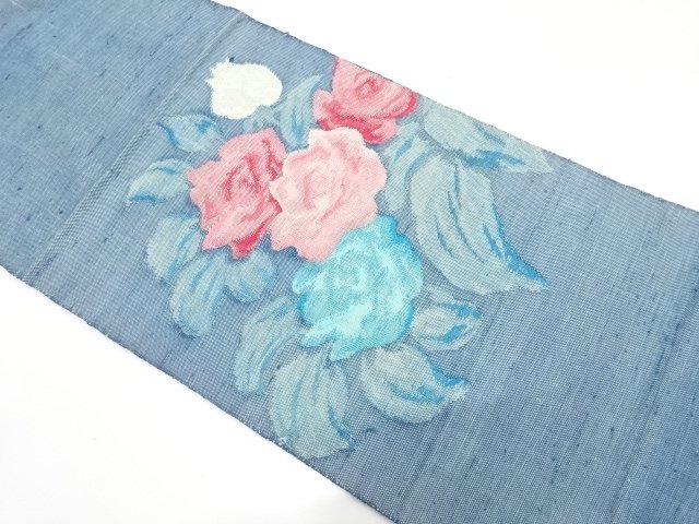 JAPANESE KIMONO / ANTIQUE TSUMUGI ROSE PATTERN WOVEN NAGOYA OBI