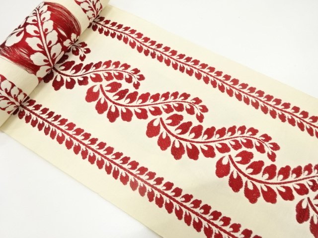 JAPANESE KIMONO / ANTIQUE WISTERIA PATTERN WOVEN 8-SUN OBI FABRIC BOLT