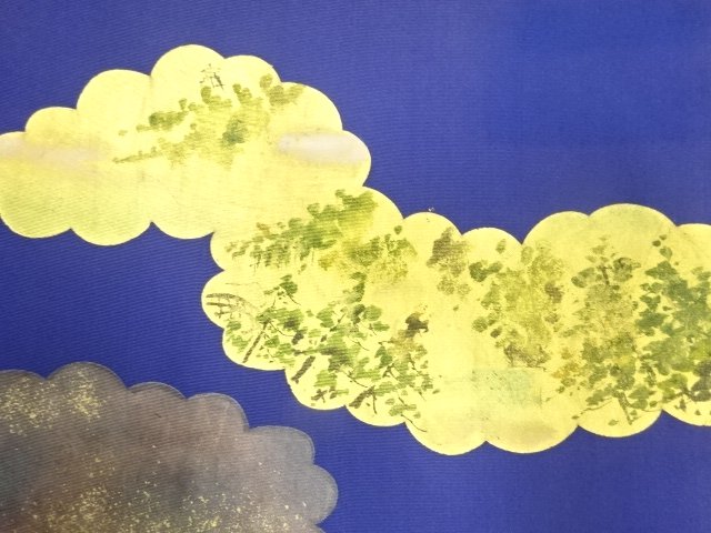 JAPANESE KIMONO / ANTIQUE SHIOZE GOLD-DECORATED CLOUD / TREE LANDSCAPE