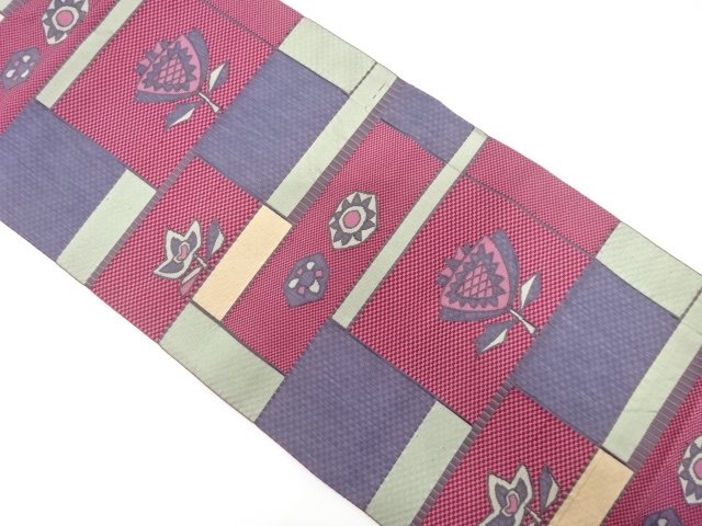 JAPANESE KIMONO / NAGOYA OBI / CHIKUZEN HAKATA / WOVEN GEOMETRIC PATTERN & FLOWER 