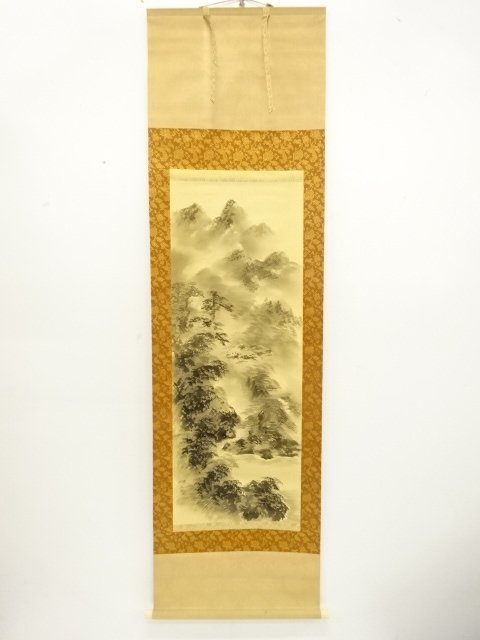 小倉理山筆　水墨山水　肉筆絹本掛軸