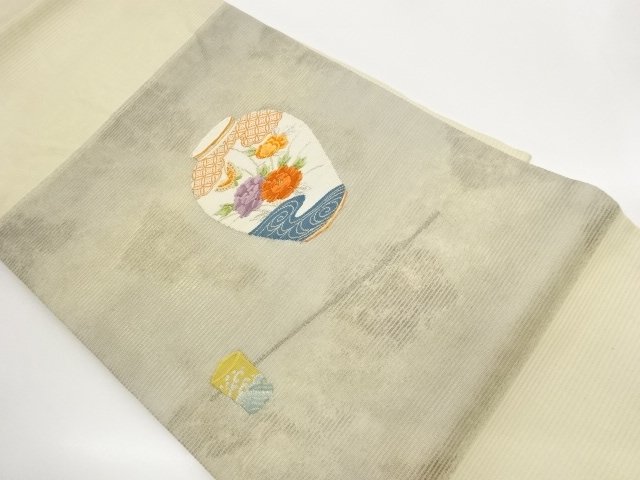 絽花瓶に牡丹・蝶・流水模様織出し名古屋帯