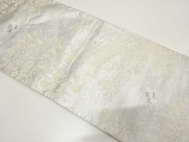 JAPANESE KIMONO / ANTIQUE PLATINUM SILVER FOIL DOUBLE-WEAVE FUKURO OBI