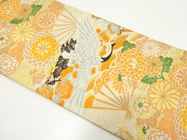 JAPANESE KIMONO / ANTIQUE CRANE / FAN / CHRYSANTHEMUM PATTERN WOVEN MA