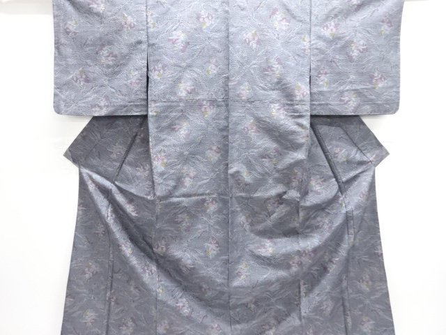 草花模様織出し十日町紬単衣着物