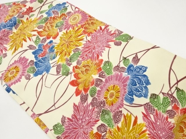 塩瀬型染花葉模様名古屋帯