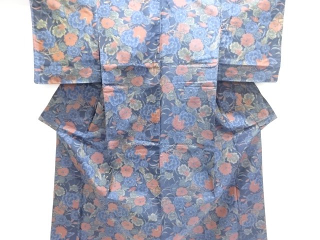 未使用品　扇に草花模様織出し手織り紬着物