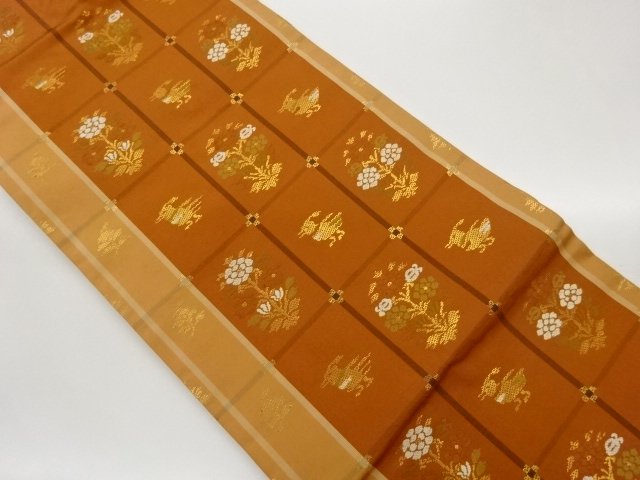 格子に花葉・鳥模様織り出し名古屋帯