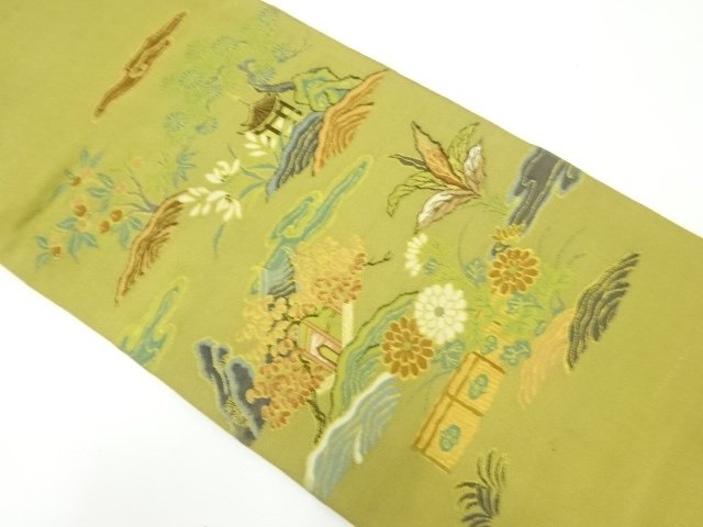 JAPANESE KIMONO / ANTIQUE FUKURO OBI / SILK / WOVEN SCENERY OF PLANTS