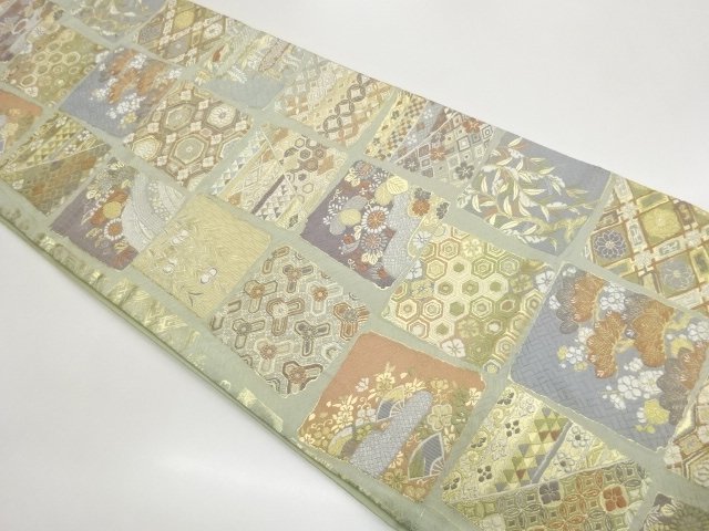 色紙に扇・花々・古典柄模様織り出し袋帯