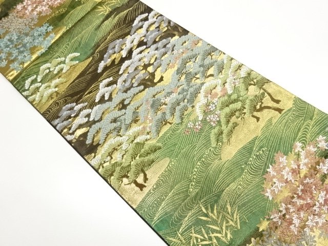 絲綢箔　荒波に松・桜・紅葉模様織り出し袋帯
