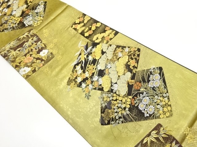 引き箔　色紙に花々・木々・鶴模様織り出し袋帯