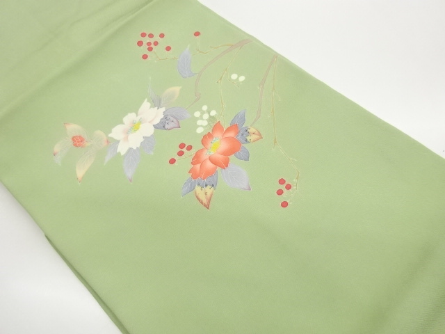 Artist's hand-painted yuzen nagoya obi with flower and fruit patterns on leaves