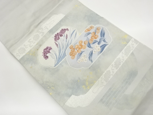 引箔菖蒲に花葉模様織出し名古屋帯