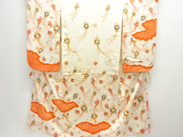 JAPANESE KIMONO / ANTIQUE KIMONO / SILK / SHIBORI / CLOUDS & FLORAL KUSUDAMA