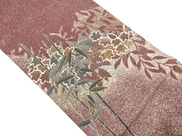 作家物　金彩竹に笹・紅葉模様袋帯