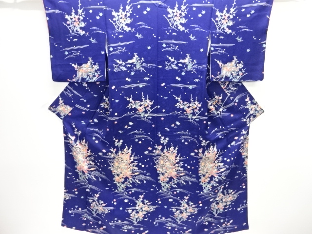 御所車に草花模様付け下げ小紋着物