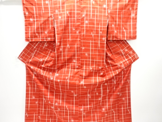 破れ格子に絣柄織出し手織り紬着物