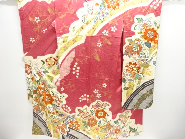 アンティーク　絞り花鳥更紗模様刺繍振袖