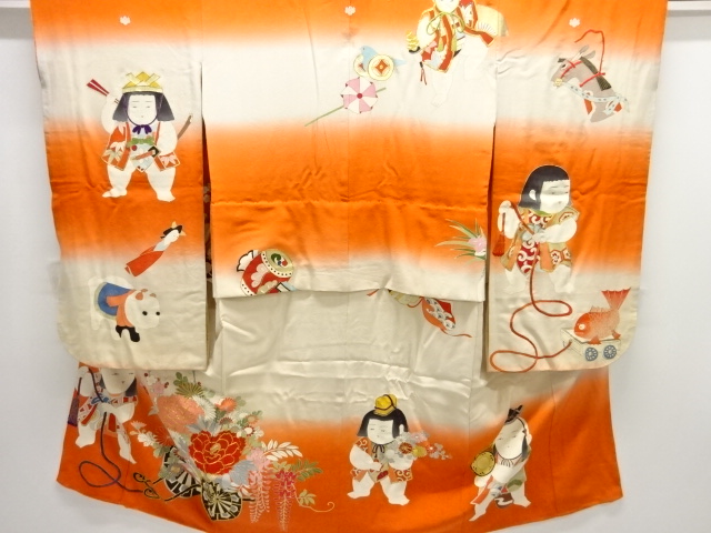 大正ロマン　御所人形に花車模様刺繍五つ紋子供着物