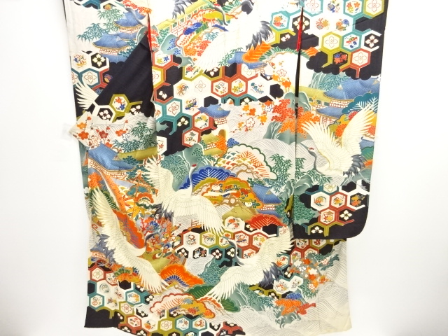 大正ロマン　錦紗鶴に花・宝尽くし模様刺繍五つ紋花嫁衣装振袖・中着セット