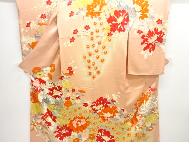 大正ロマン　錦紗孔雀に草花模様刺繍着物