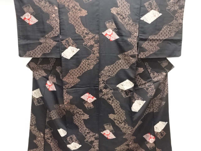 JAPANESE KIMONO / ANTIQUE OMESHI / TAISHO ROMAN STYLE / SILK / WOVEN SHIKISHI PATTERN 
